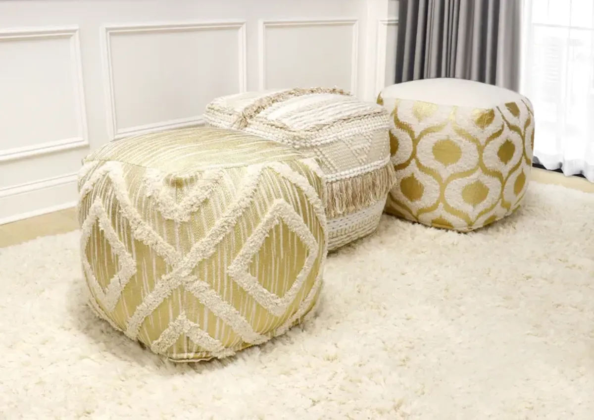 Pasargad Grand Canyon Cotton Pouf, Gold Foiled, Gold/Ivory