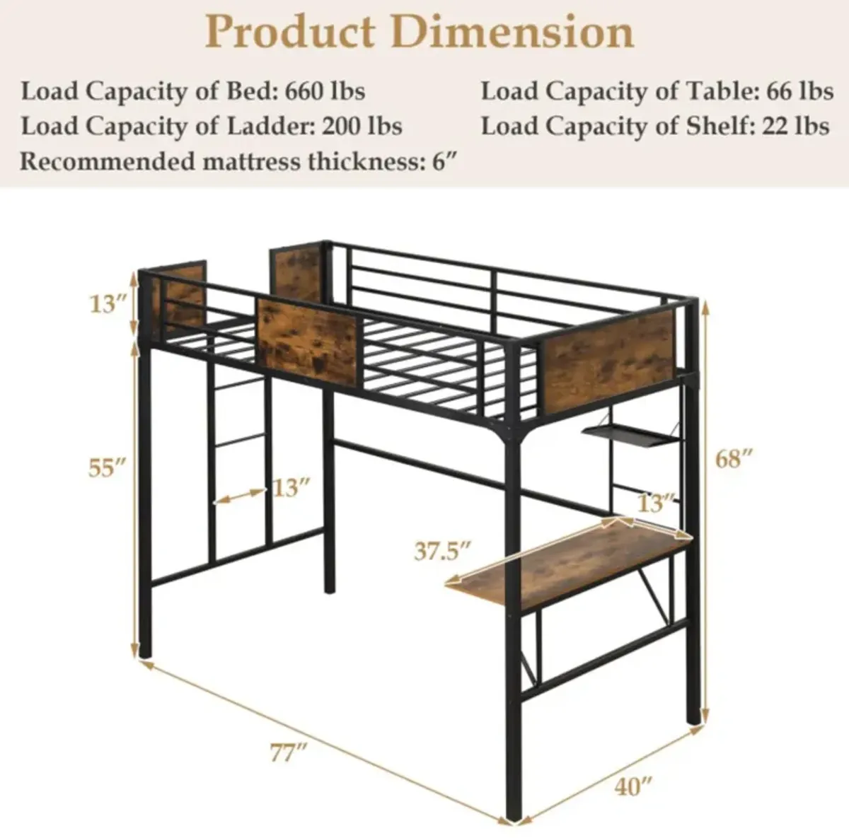 Hivvago Twin Size Industrial Metal Loft Bed with Desk Storage Shelf and Build-in Ladder