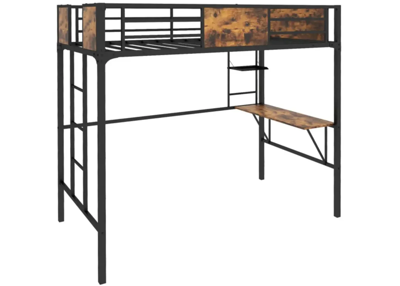 Hivvago Twin Size Industrial Metal Loft Bed with Desk Storage Shelf and Build-in Ladder