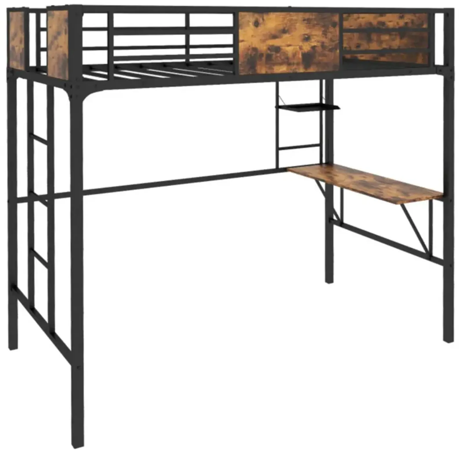 Hivvago Twin Size Industrial Metal Loft Bed with Desk Storage Shelf and Build-in Ladder