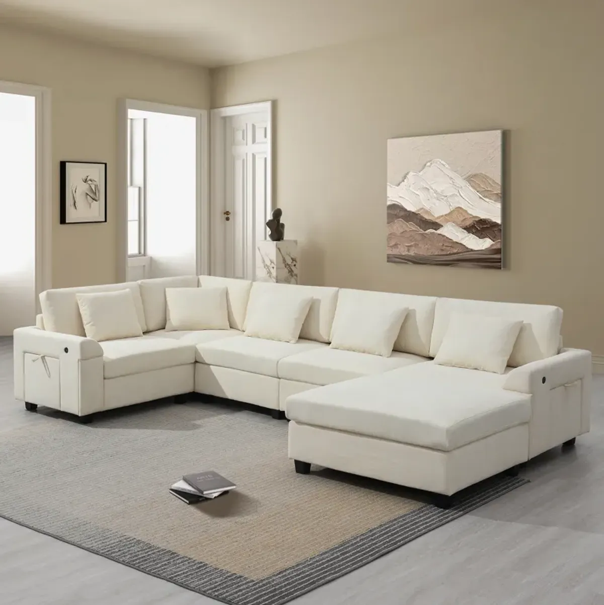 Whisen Modern Chenille U-shaped Sectional Sofa with Ottoman, Cup Holders and USB Charging Ports