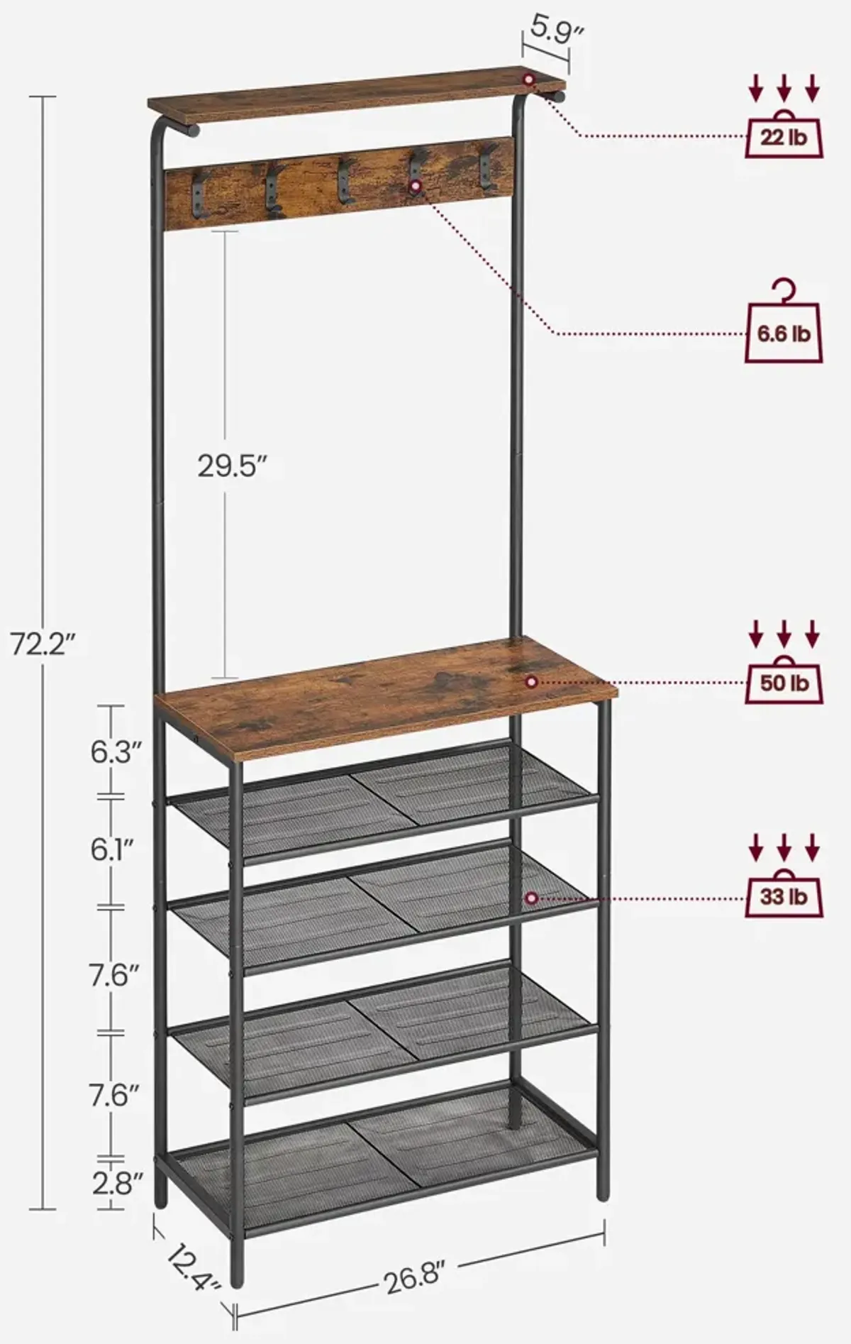 Vintage Coat Rack, Hall Tree for Entryway, Shoe Bench Storage Shelf Organizer Accent Furniture with Metal Frame