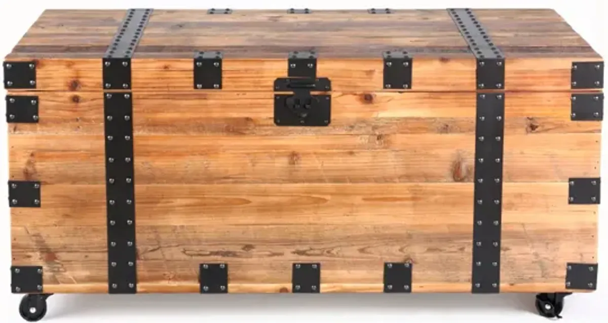 Trunk Table With Four Wheel Large Capacity Storage Coffee Table, Natural Reclaimed Wood Black Metal
