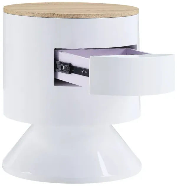 1 Drawer Pyramidal Base Circular Wooden Night Table, White and Brown-Benzara