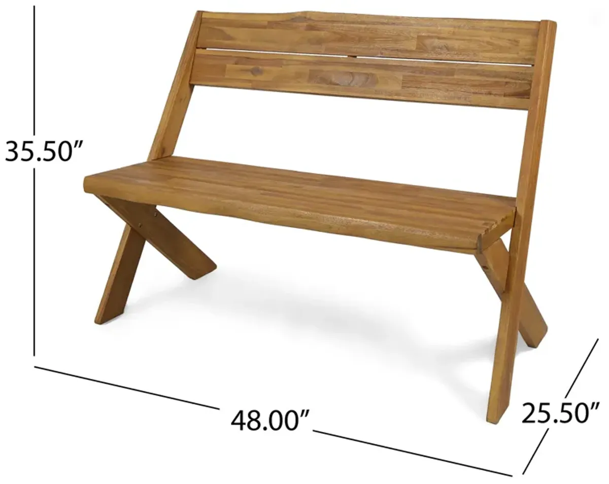 Outdoor Accent Bench, 48 Inch Classic Cross Design, Brown Acacia Wood -Benzara