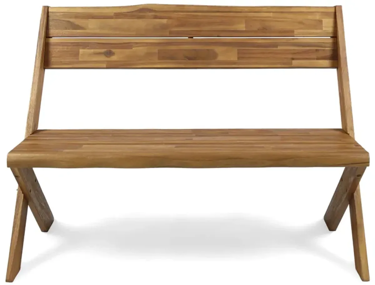 Outdoor Accent Bench, 48 Inch Classic Cross Design, Brown Acacia Wood -Benzara