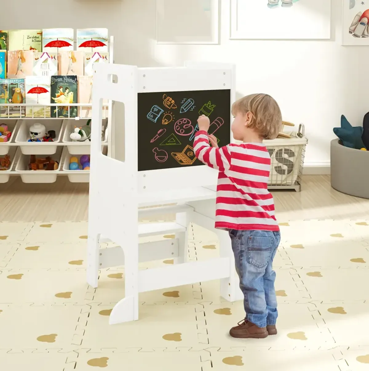 Toddler Kitchen Step Stool with Activity Chalkboard and Adjustable Height for Easy Access