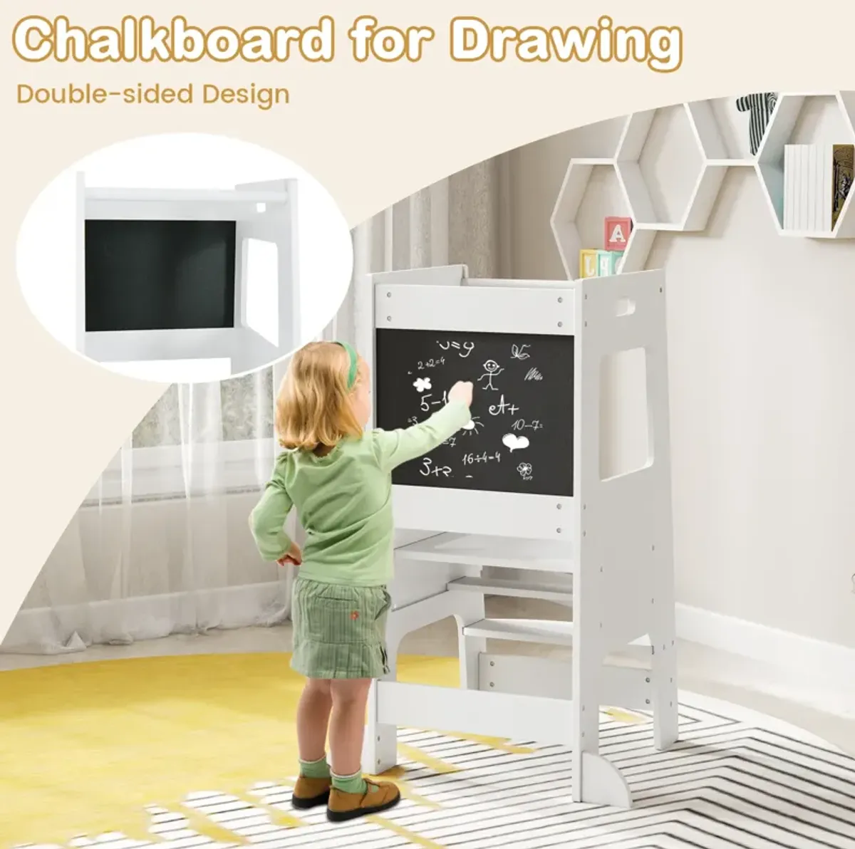 Toddler Kitchen Step Stool with Activity Chalkboard and Adjustable Height for Easy Access