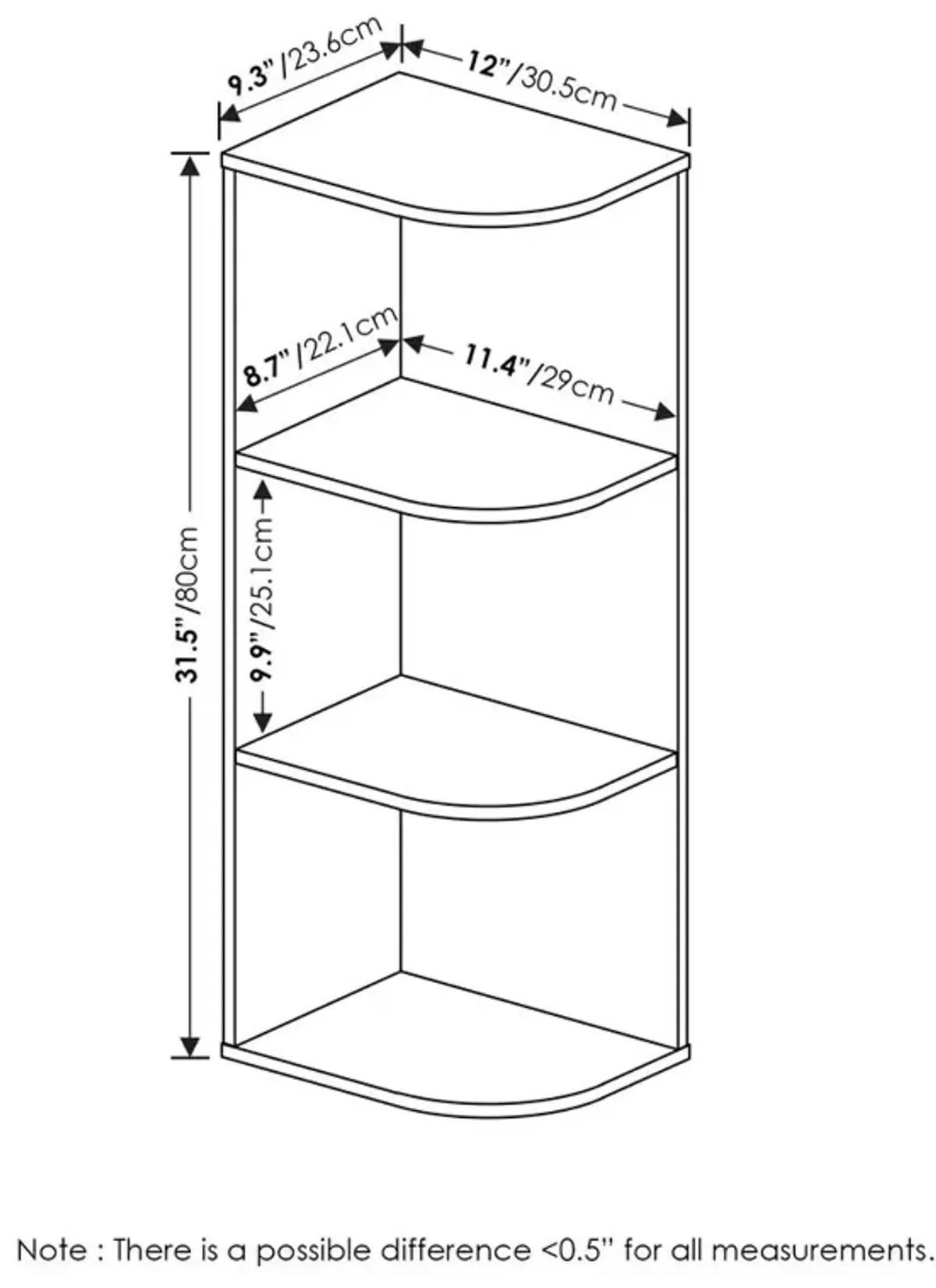 Furinno Pasir 3-Tier Corner Open Shelf Bookcase, Blackwood