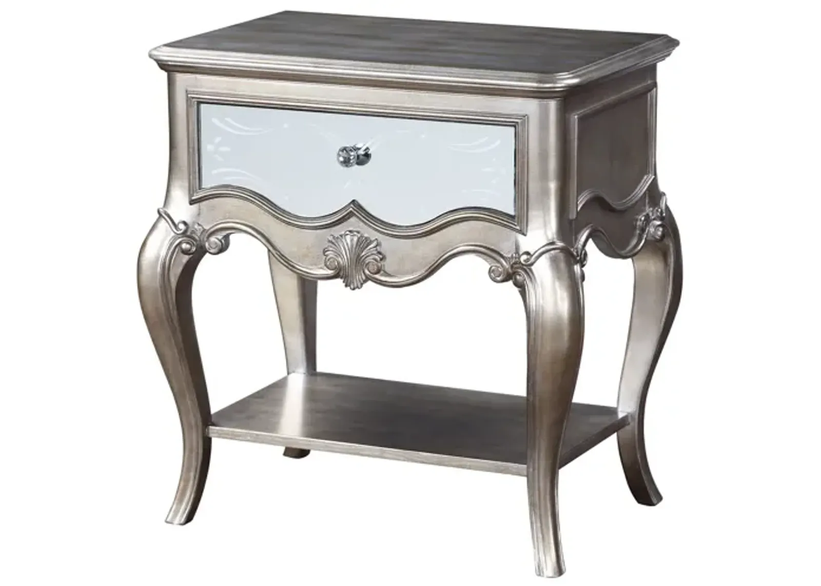 Nightstand with Mirror Panel Front and Molded Trim, Antique Silver-Benzara