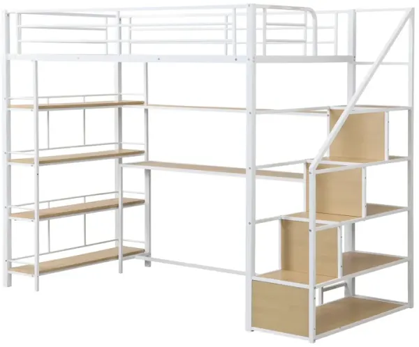 Whisen Twin Size Metal Loft bed with Staircase and Built-in Desk and Storage Shelves - White