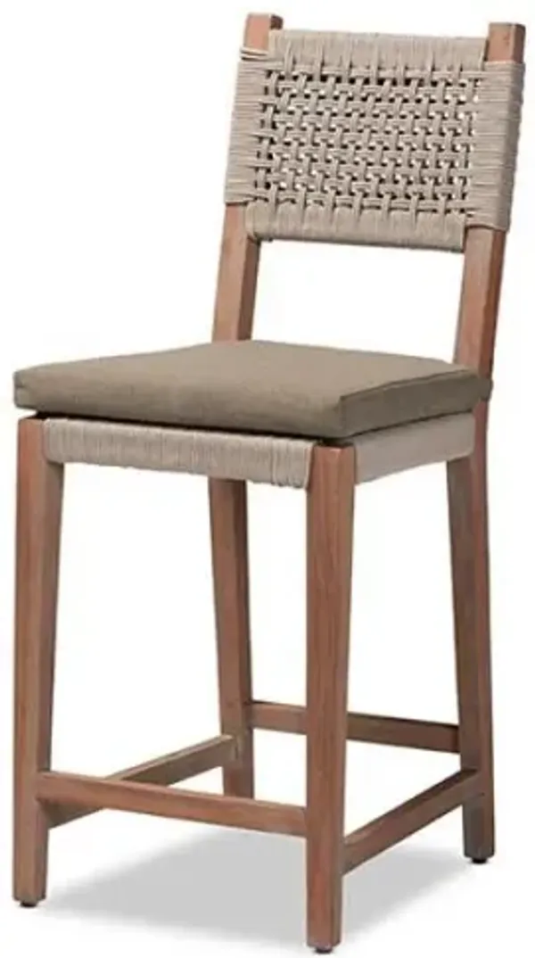 Mid-Century Transitional Grey Woven Rope Mahogany Counter Stool