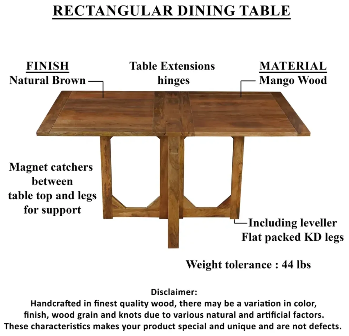 62 Inch Rectangular Dining Table, Handcrafted Natural Mango Wood with Magnetic Catchers