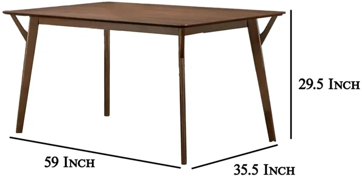 Skie Dining Table, 59 Inch Rectangular Top, Angled Legs, Brown Solid Wood