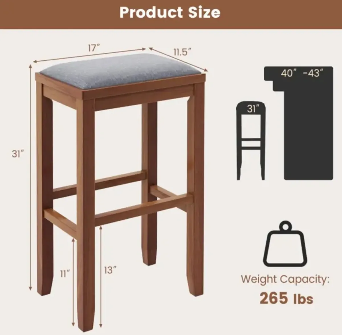 Hivvago 2 Pieces Upholstered Bar Stool Set with Solid Rubber Wood Frame and Footres
