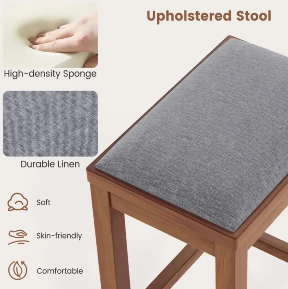 Hivvago 2 Pieces Upholstered Bar Stool Set with Solid Rubber Wood Frame and Footres