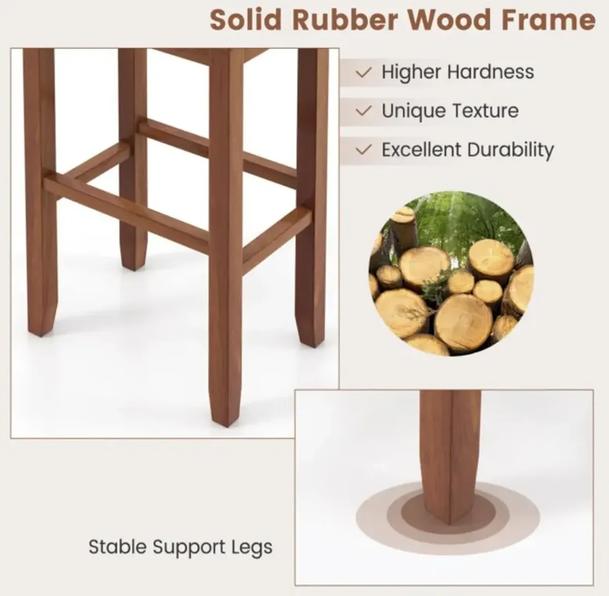 Hivvago 2 Pieces Upholstered Bar Stool Set with Solid Rubber Wood Frame and Footres