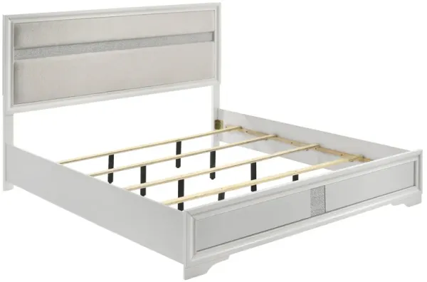 Vino King Size Bed, Panel Headboard, White Upholstery, Glitter Stripes - Benzara