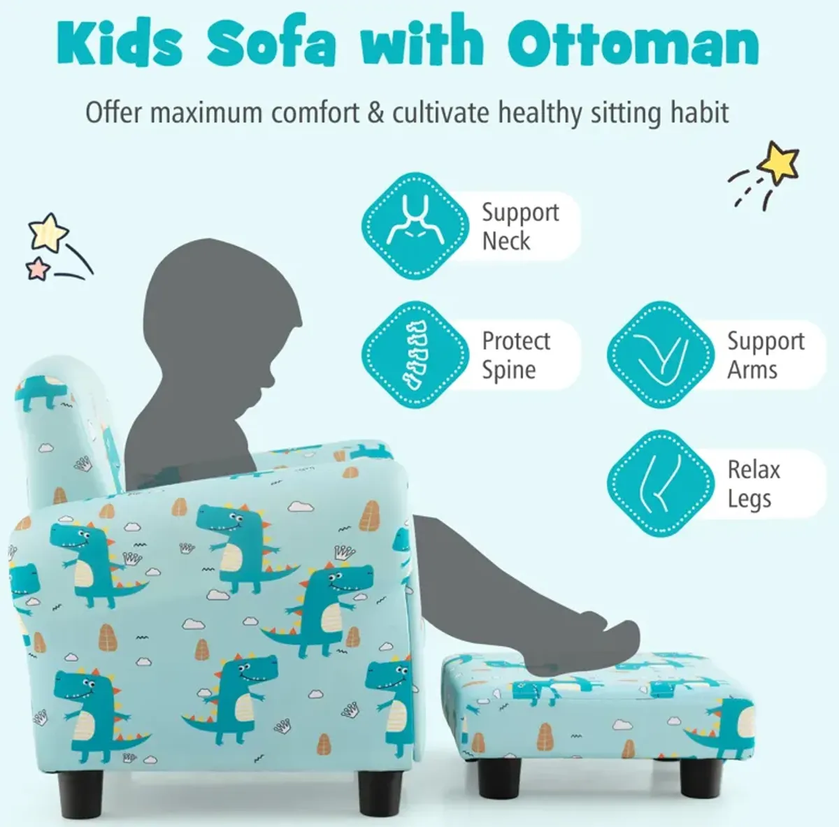 Kids Single Sofa with Cute Patterns  Ergonomic Backrest and Armrests