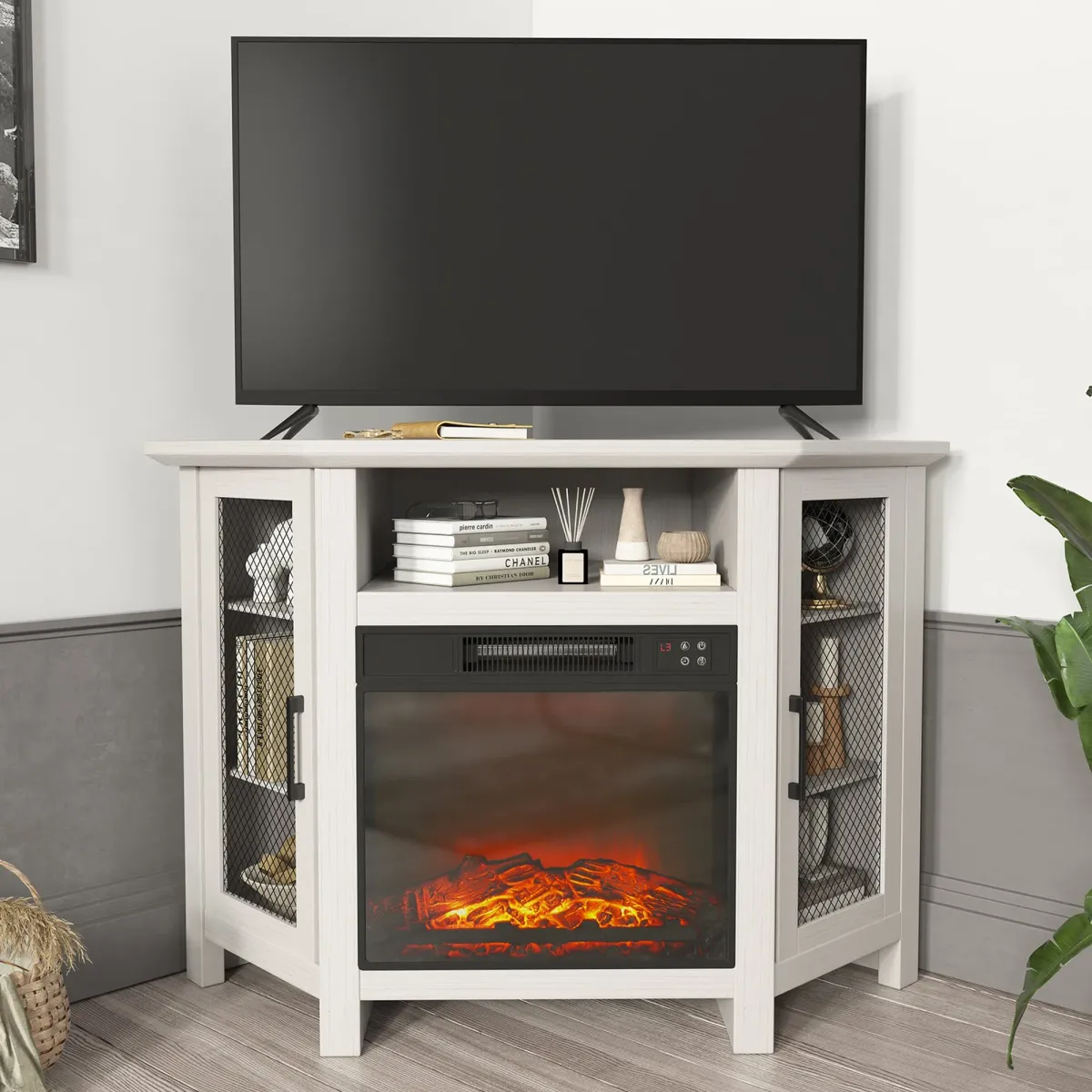 White TV Stand Fits TVs up to 55 in. with Electric Fireplace