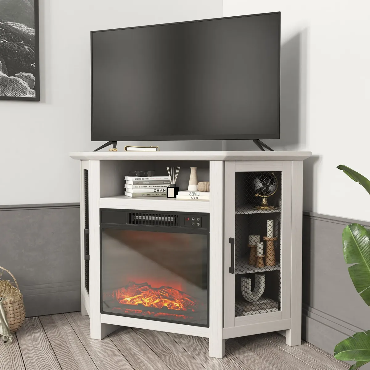 White TV Stand Fits TVs up to 55 in. with Electric Fireplace