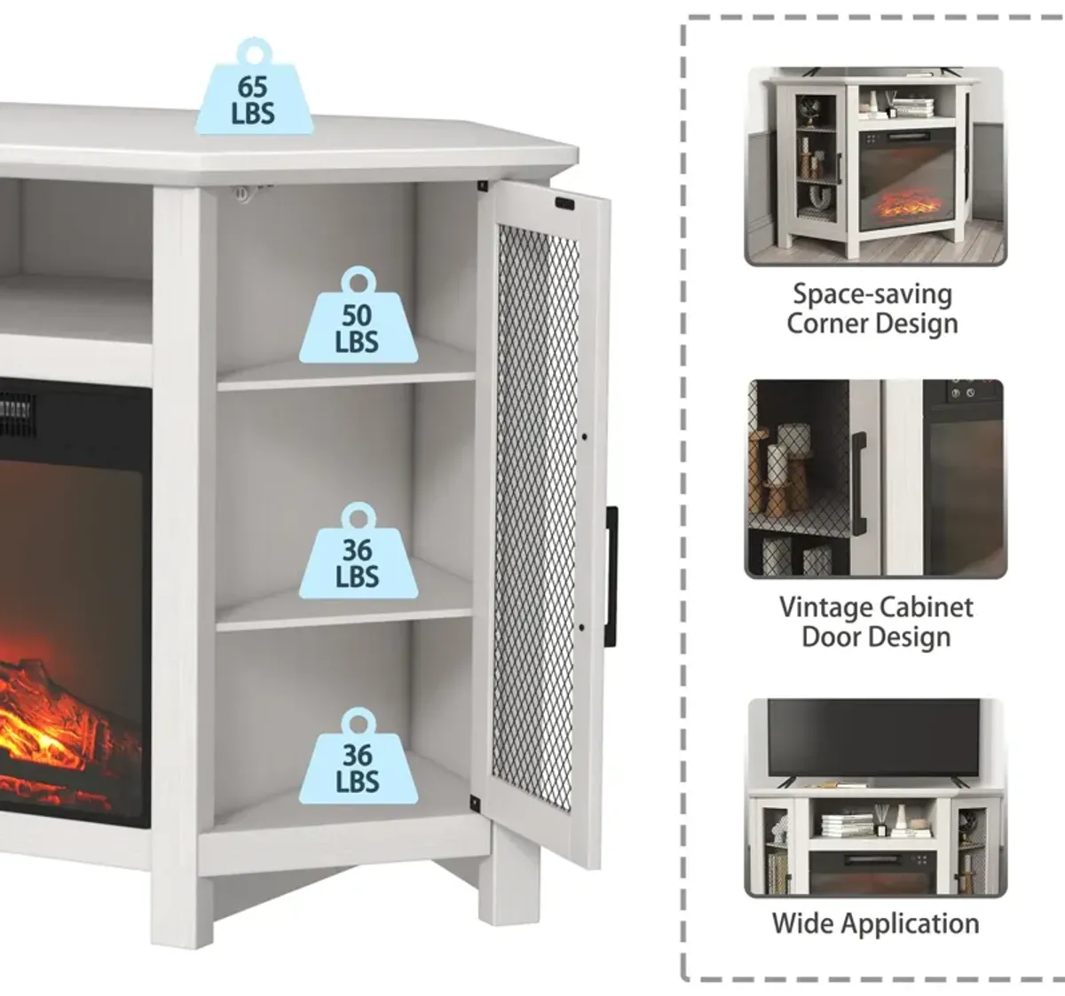 White TV Stand Fits TVs up to 55 in. with Electric Fireplace