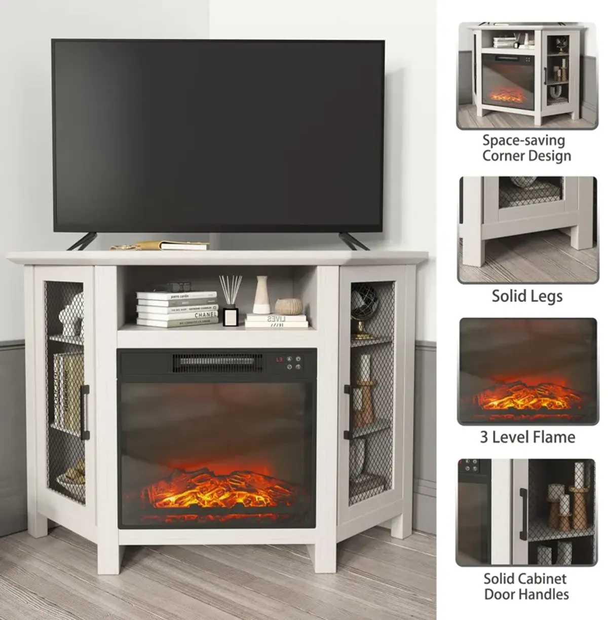 White TV Stand Fits TVs up to 55 in. with Electric Fireplace