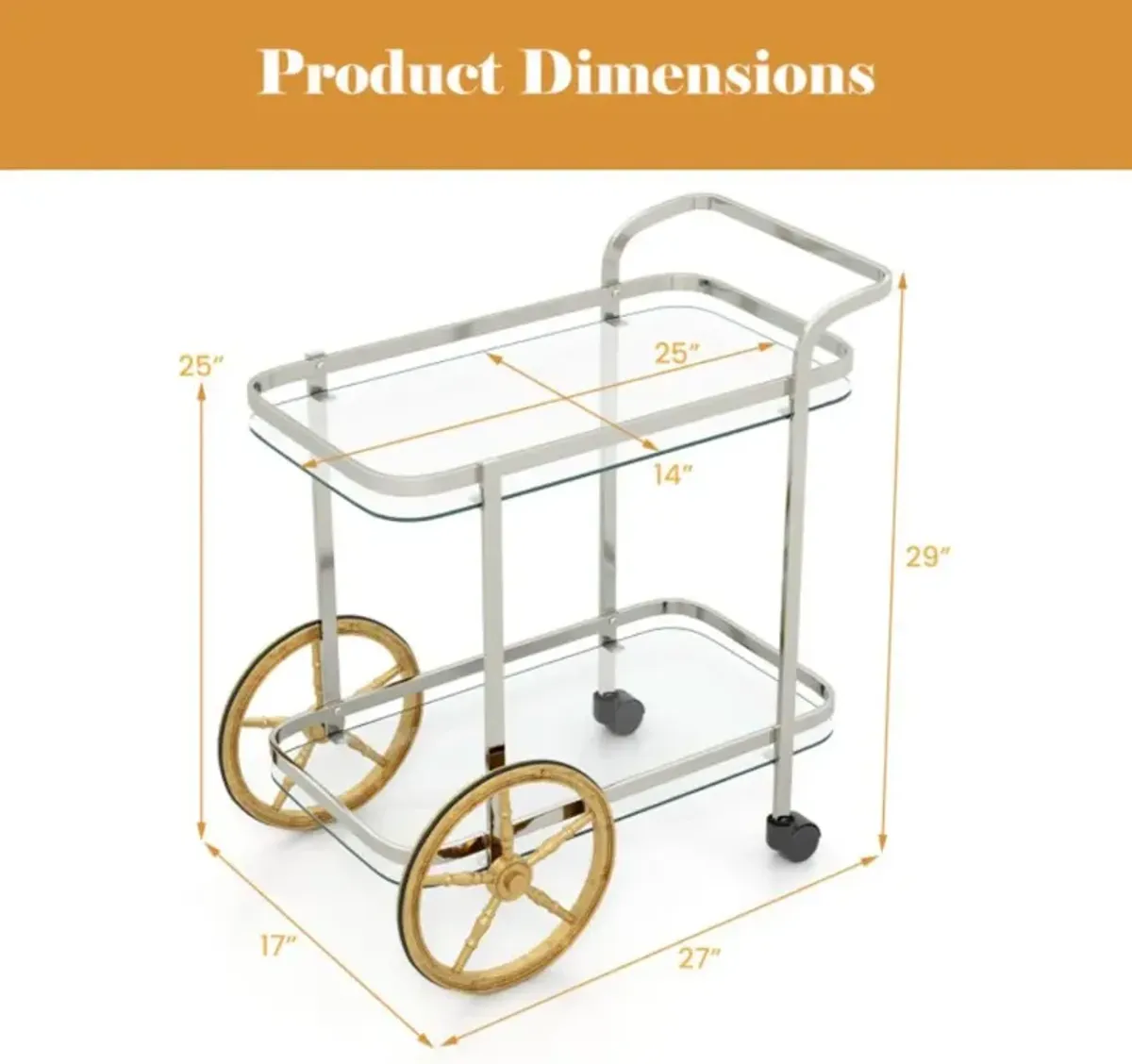 Hivvago 2-Tier Tempered Glass Bar Cart with 2 Large Aluminum Wheels and 2 Rolling Casters