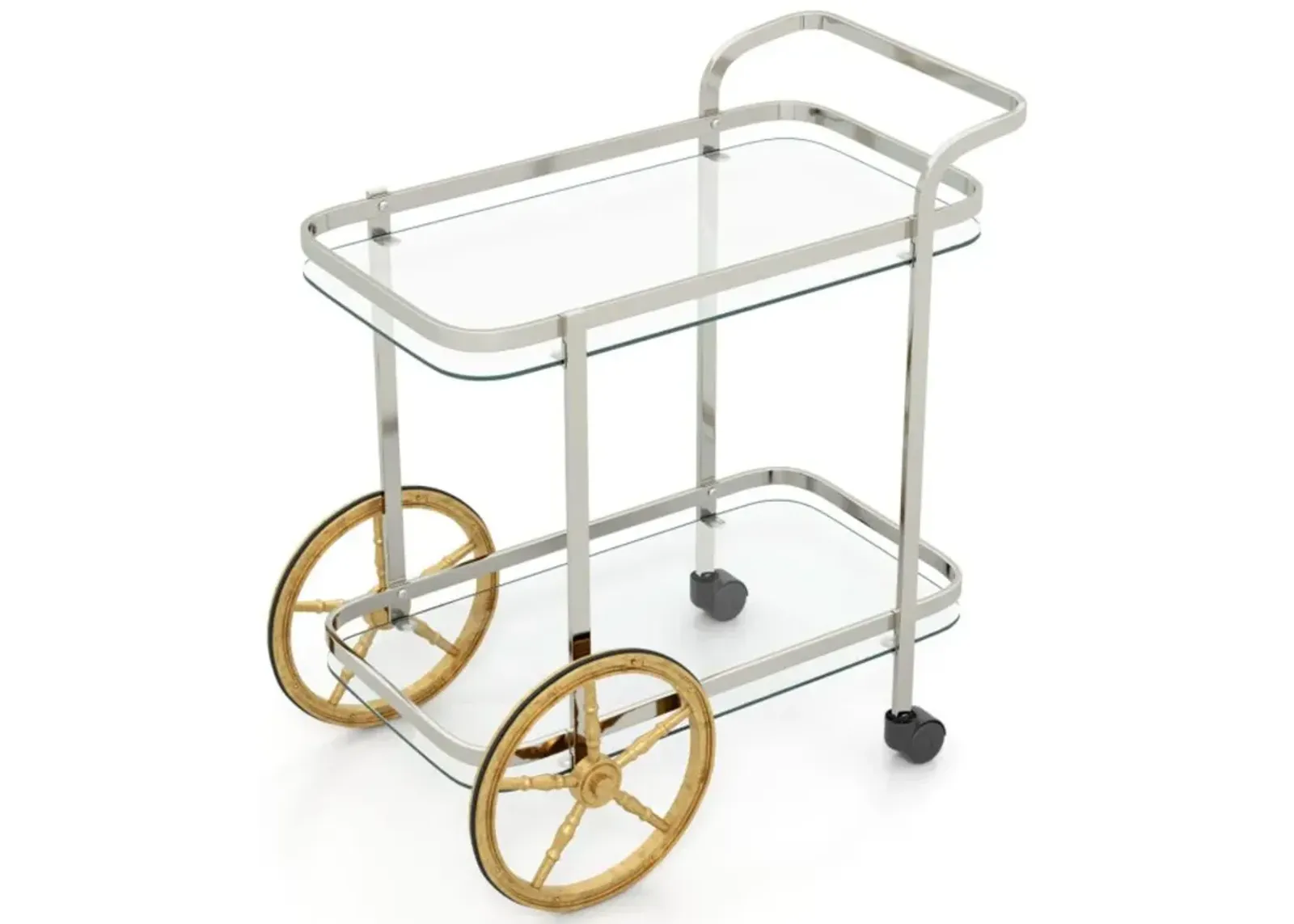 Hivvago 2-Tier Tempered Glass Bar Cart with 2 Large Aluminum Wheels and 2 Rolling Casters