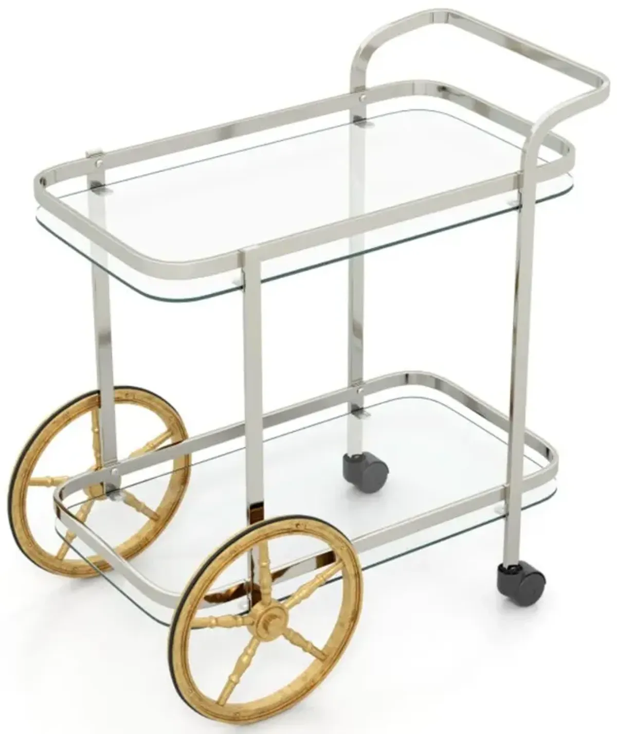 Hivvago 2-Tier Tempered Glass Bar Cart with 2 Large Aluminum Wheels and 2 Rolling Casters