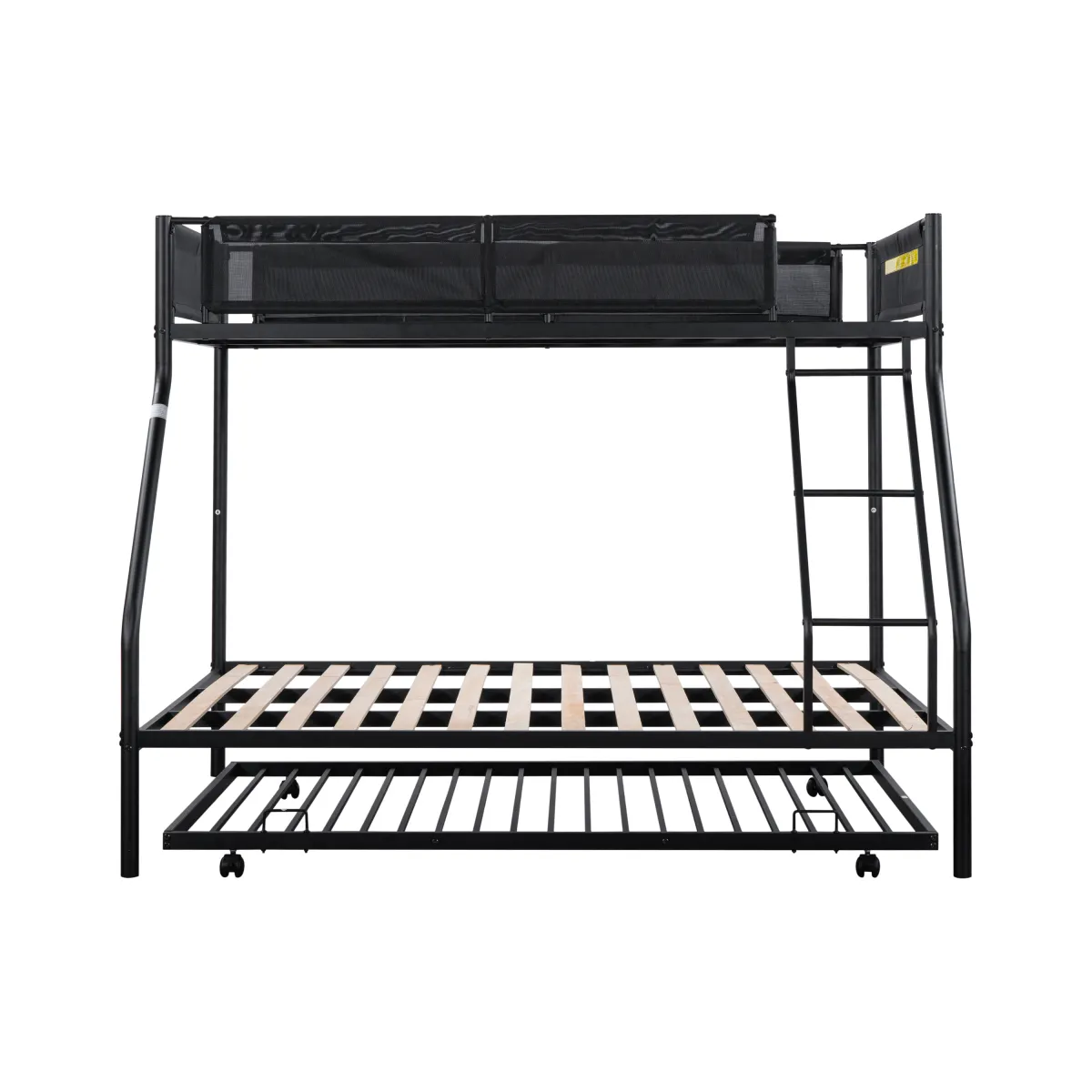 Twin over Full Metal Bunk Bed with Trundle (Wood Slat and Textilene Guardrail)