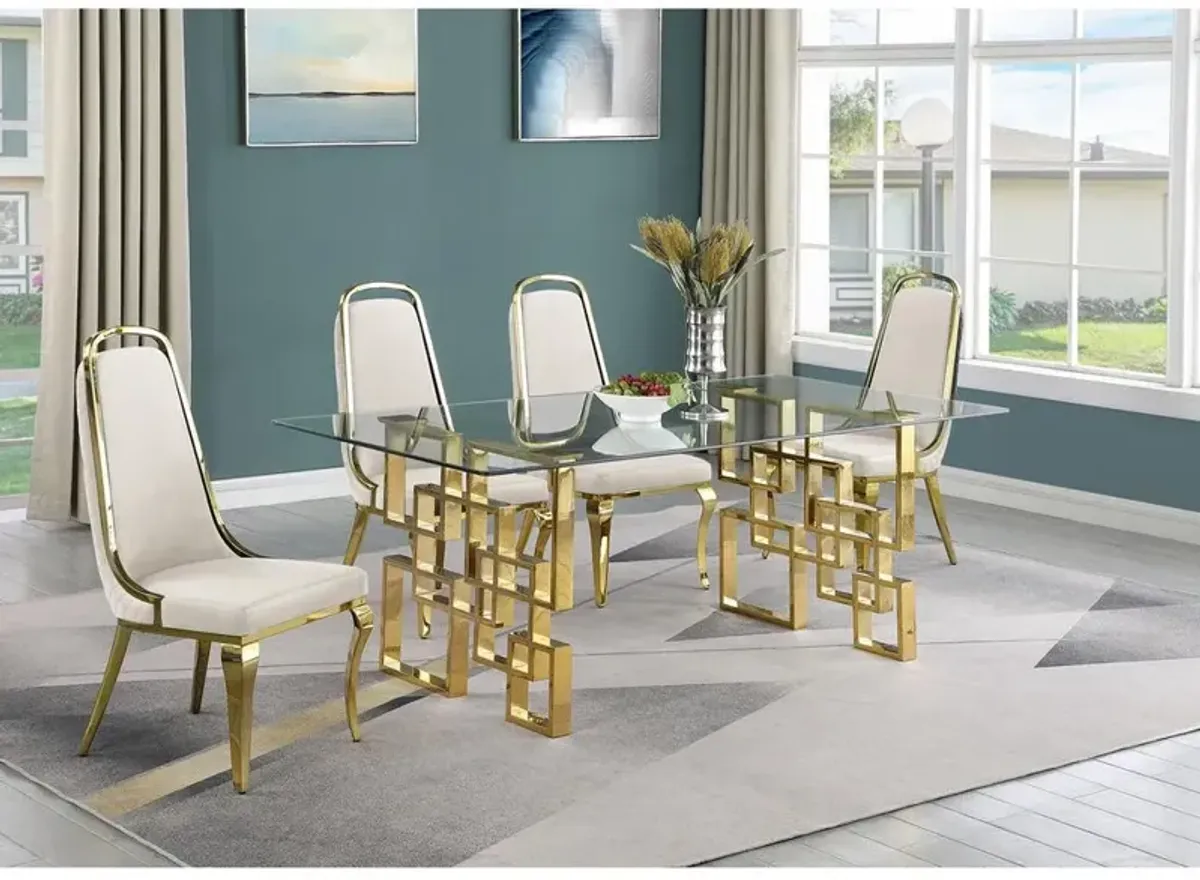 5-piece glam dining set with 4 Cream side chairs and one 79" glass dining table