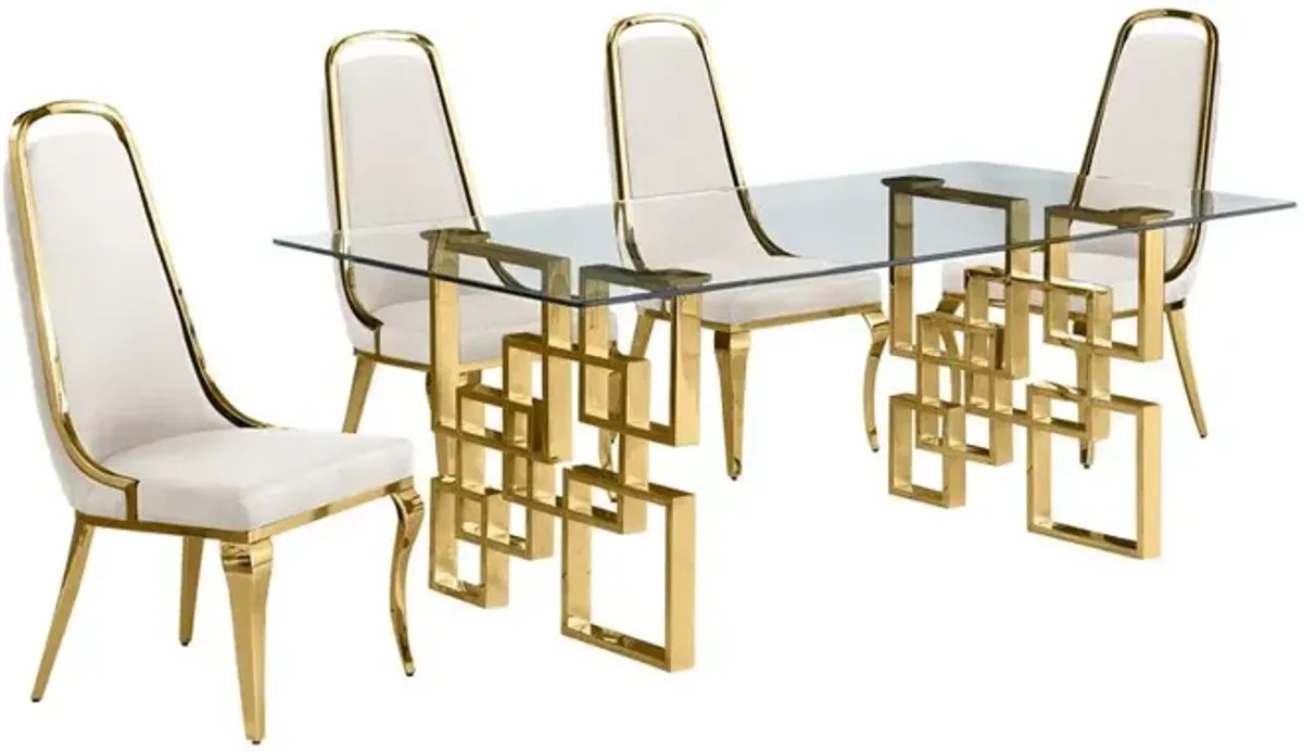 5-piece glam dining set with 4 Cream side chairs and one 79" glass dining table