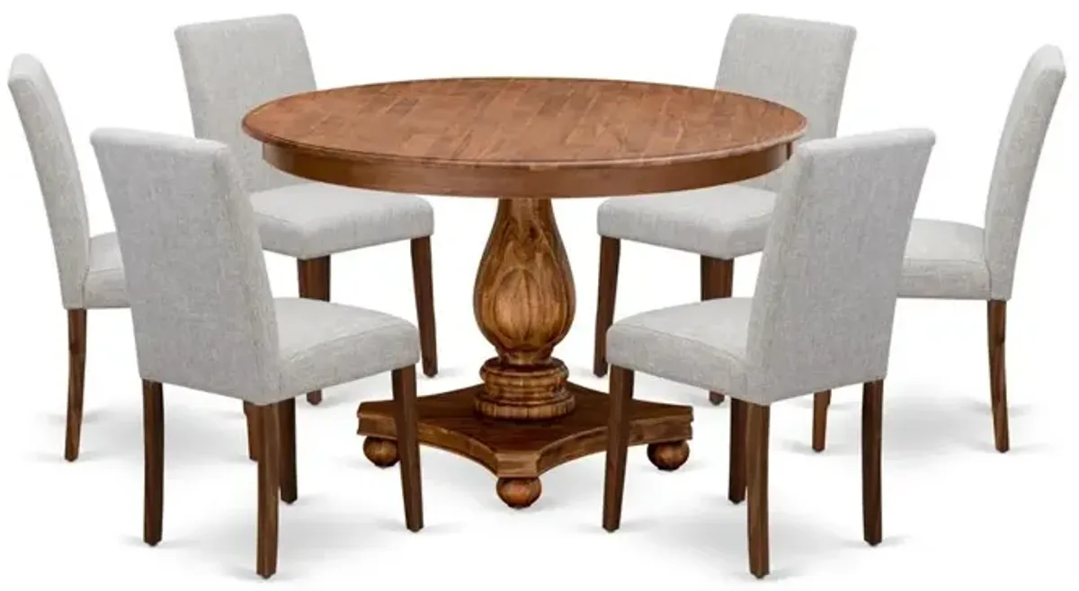 East West Furniture 7-Piece Dinette Set - Kitchen Pedestal Table and 6 Doeskin Color Parson Wood Chairs with High Back - Antique Walnut Finish