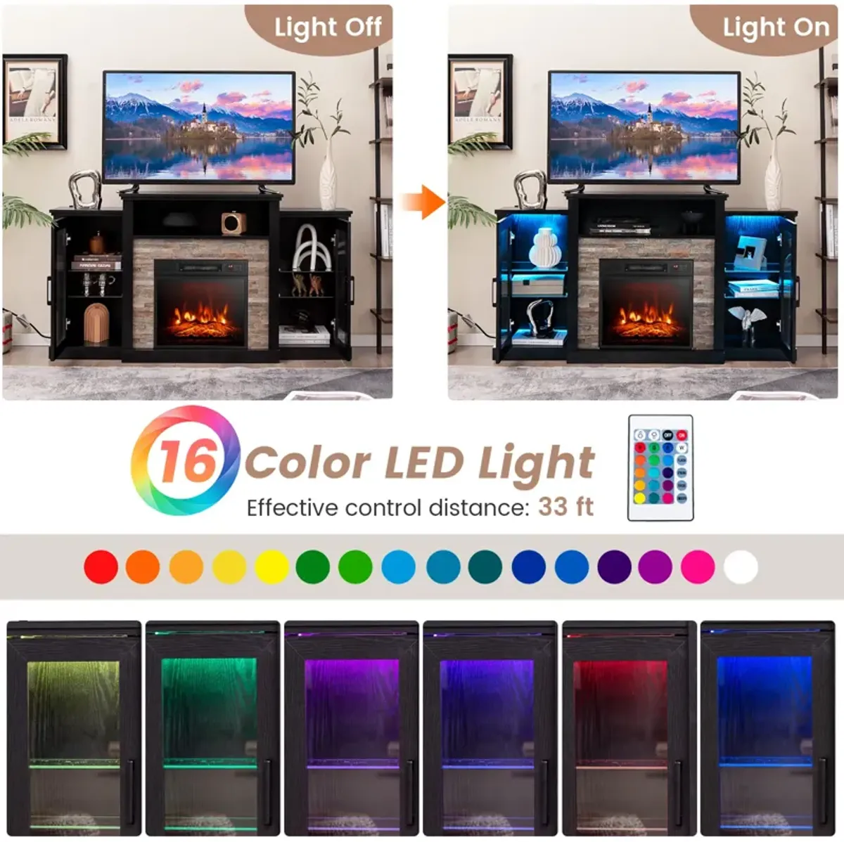 LED Fireplace TV Stand with 16-Color Lights for TVs up to 65 Inches