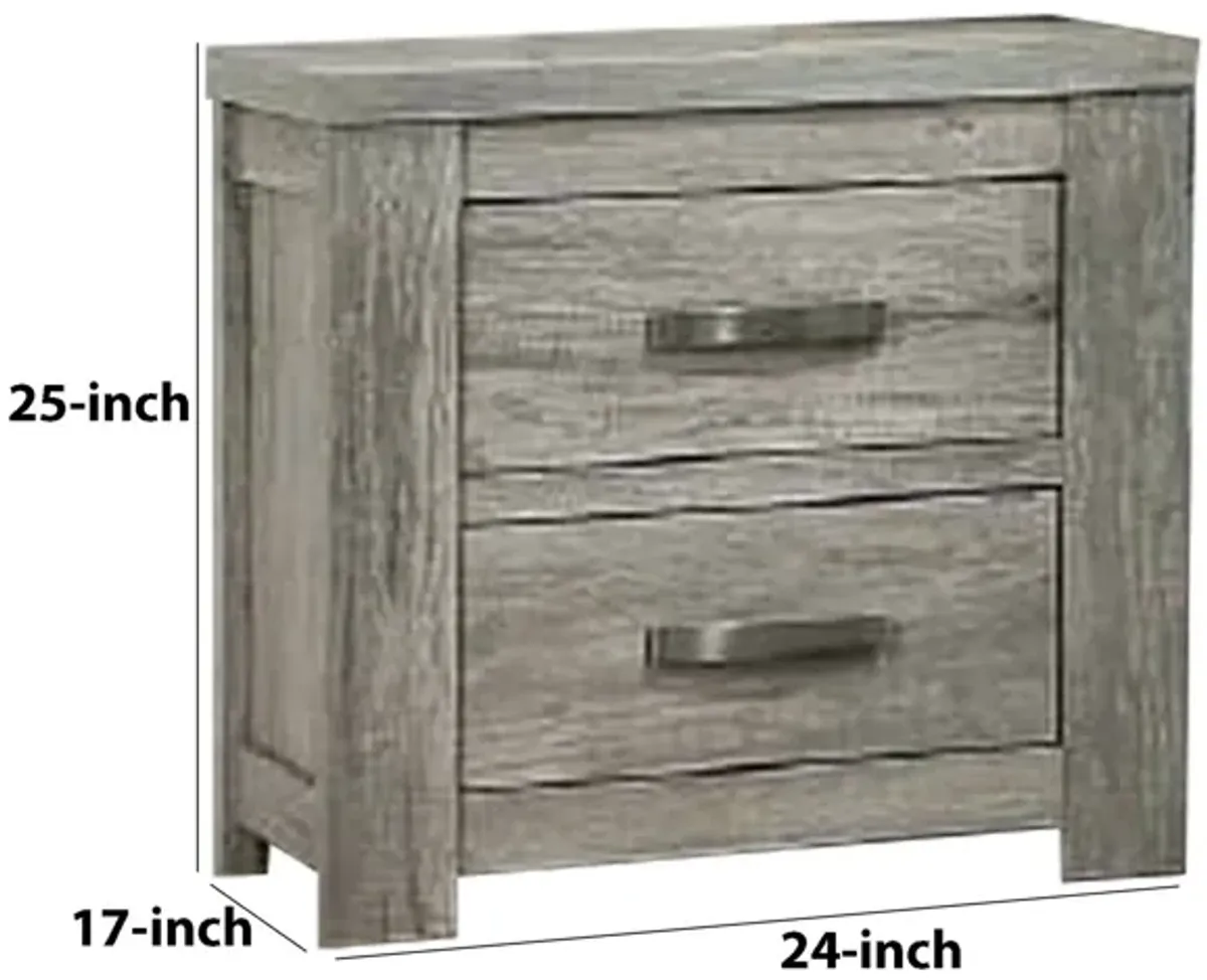 Wooden Nightstand with Two Drawers and Metal Bar Handles, Gray-Benzara