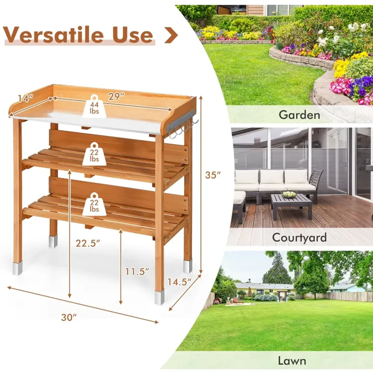 Garden Wooden Potting Bench Work Station with Hook