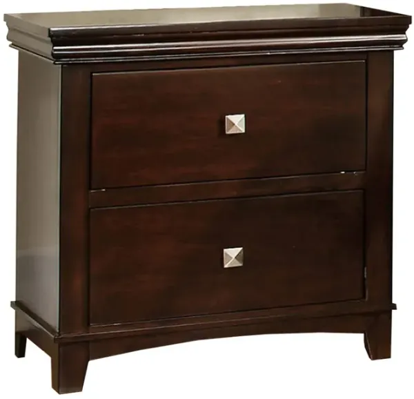 2 Drawer Wooden Nightstand with Metal Square Knobs, Espresso Brown-Benzara