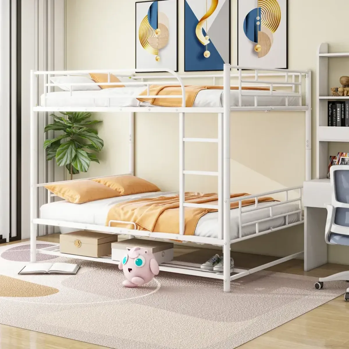 Full Over Full Metal Bunk Bed With Shelf And Guardrails