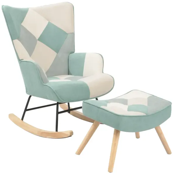 Rocking Chair ,Mid Century Fabric Rocker Chair with Wood Legs and Patchwork Linen for Livingroom Bedroom