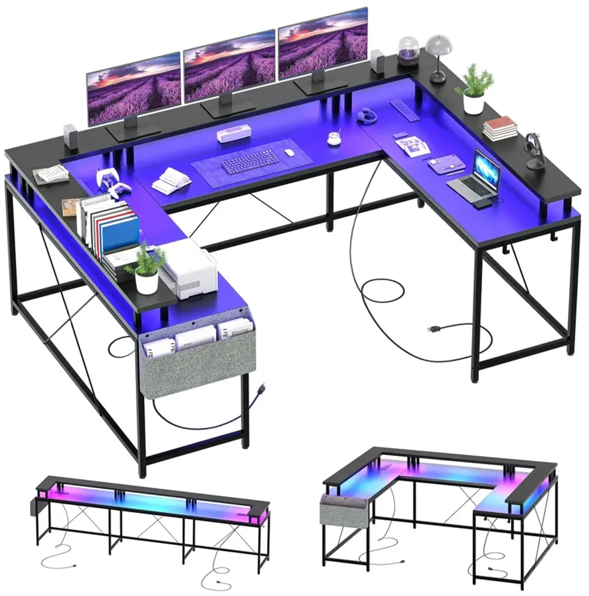 Jojoka U Shaped Computer Gaming Desk, Reversible L Shaped Desk with Power Outlets, LED Strip & Monitor Stand, Large Corner Desk