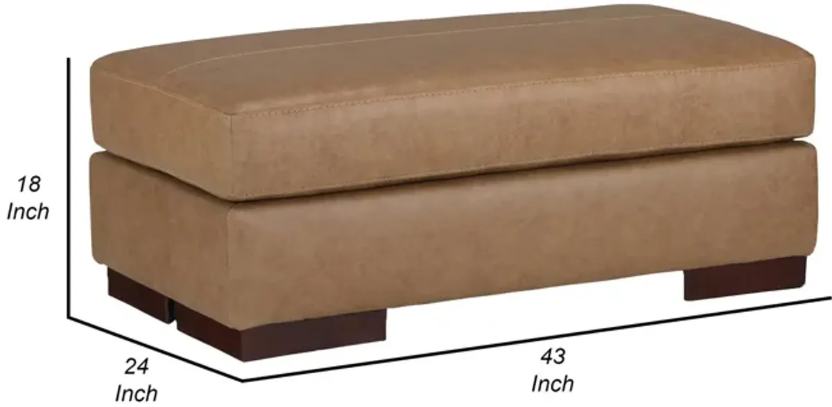 Aida 43 Inch Ottoman, Oversized Attached Cushion, Plush Brown Leather - Benzara