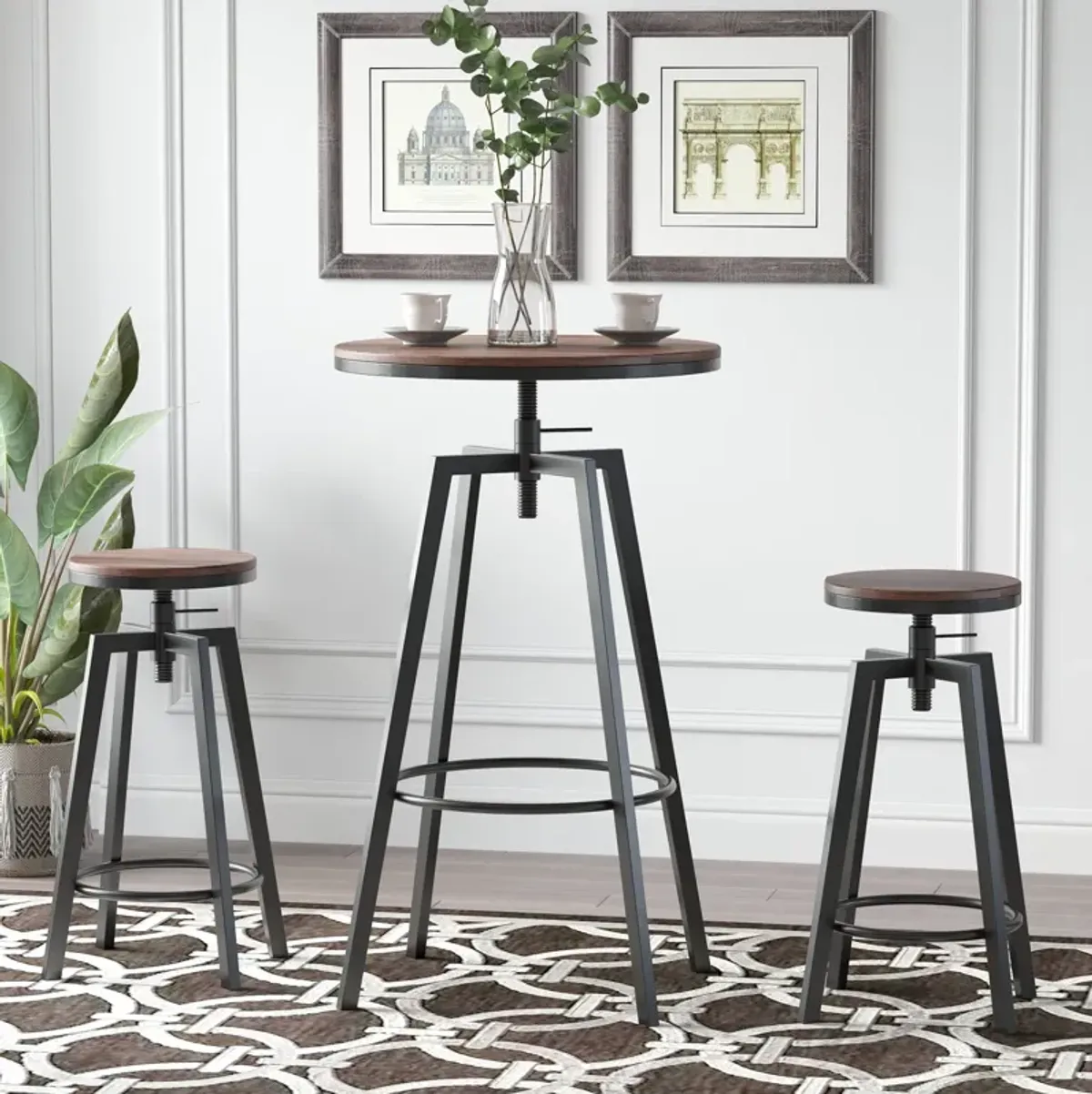 Industrial Bar Dining: 3-Piece Adjustable Height Bistro Set with Swivel Stools