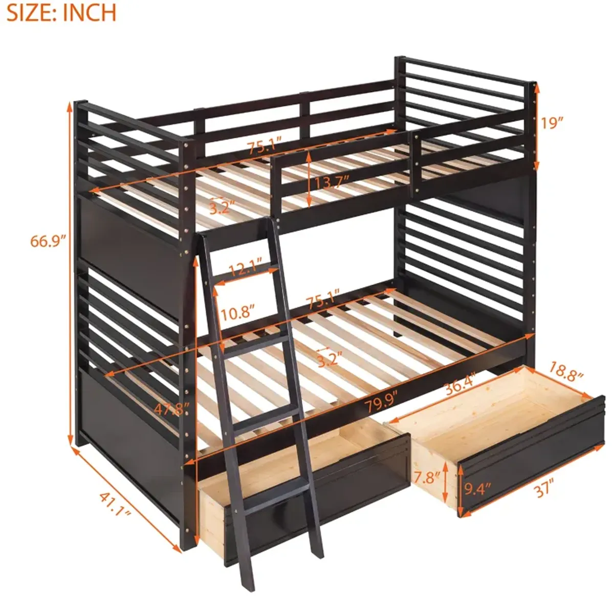 Merax Solid Wood Bunk Bed with Two Storage Drawers