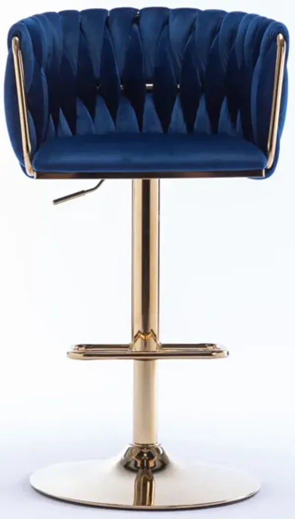 Set of 2 Bar Stools, with Chrome Footrest and Base Swivel Height Adjustable Mechanical Lifting Velvet + Golden Leg Simple Bar Stool-Navy