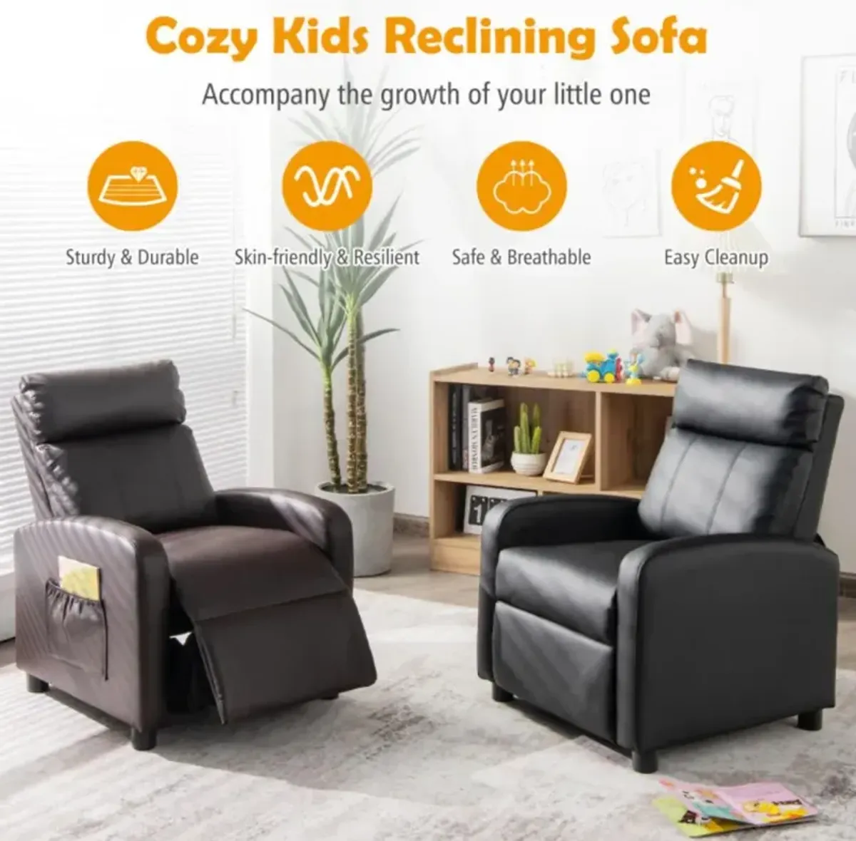 Hivvago Ergonomic PU Leather Kids Recliner Lounge Sofa for 3-12 Age Group