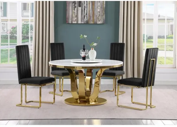 5pc White marble round dining set with gold base and 4 Black side chairs