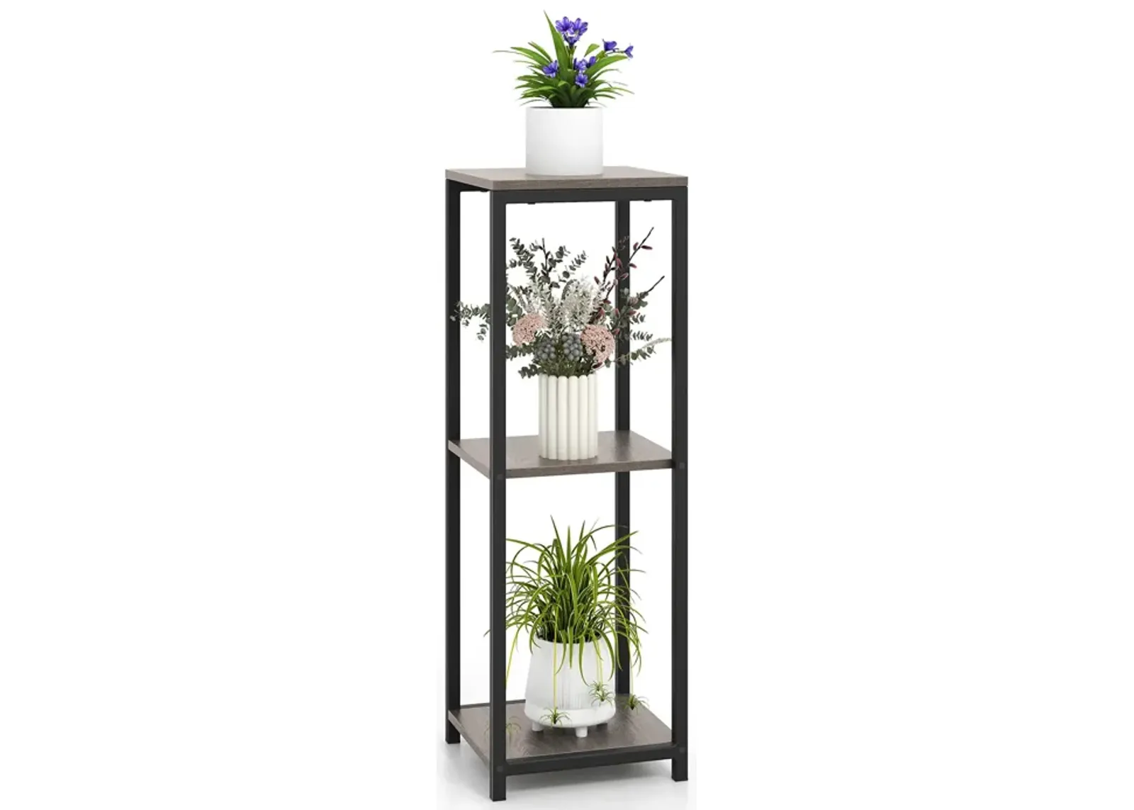 3-Tier Tall Metal Plant Stand Corner Plant Holder with Anti-tipping Device-Black & Gray