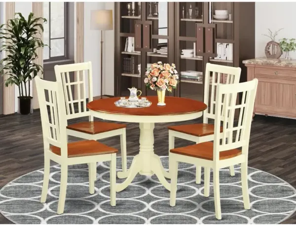 5 Pc set with a Round Table and 4 Leather Kitchen Chairs in Buttermilk and Cherry .