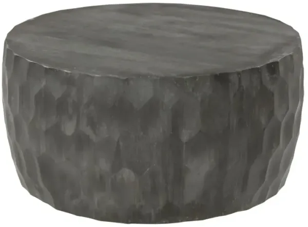 Val 34 Inch Handcrafted Mango Wood Coffee Table, Hammered Round Drum Shaped, Honeycomb